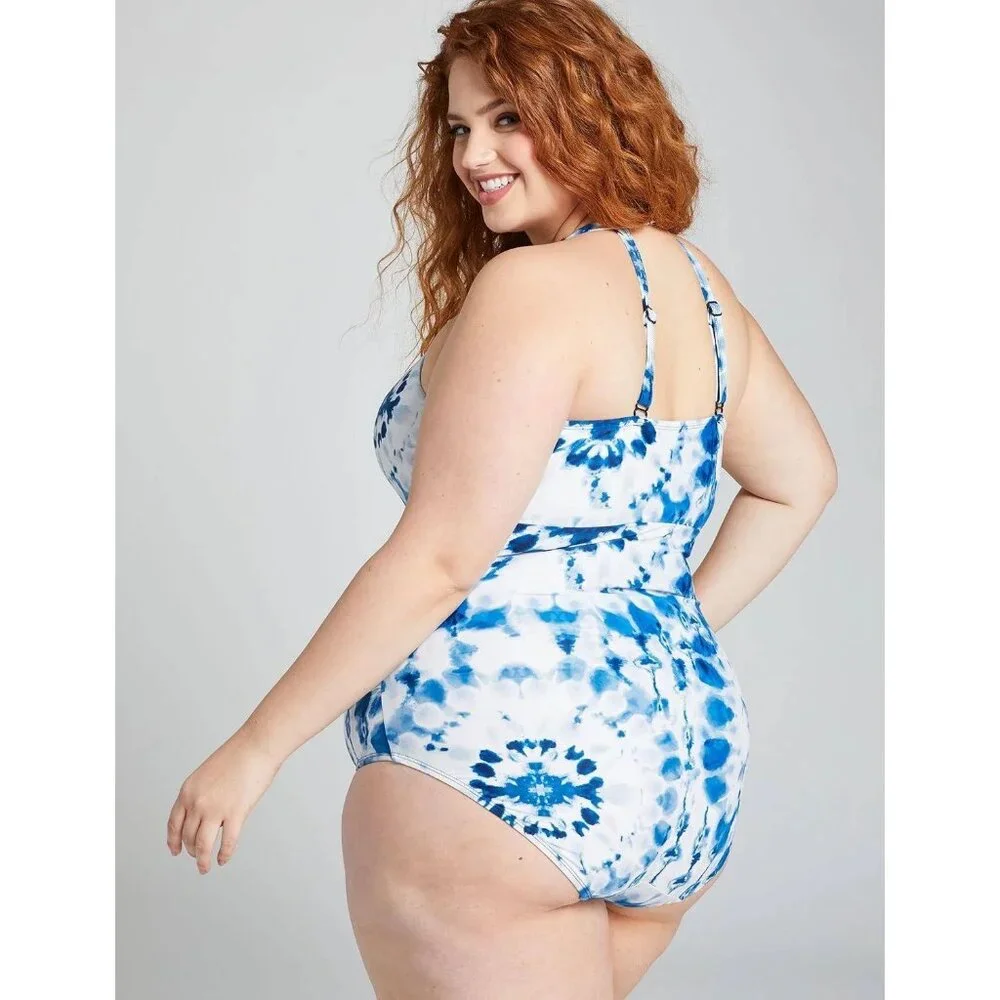Cacique NWT No-Wire Strappy High-Neck Swimsuit One Piece Tie-Dye Navy size 20